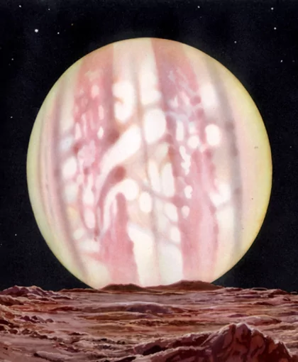 Jupiter vu de la surface de son satellite le plus proche.  Lucien Rudaux, "Sur les autres mondes" Paris, Flammarion, 1937